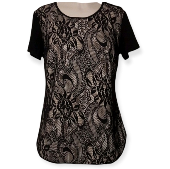 Ann Taylor Tops - Ann Taylor nude and black lace Floral print top size extra small